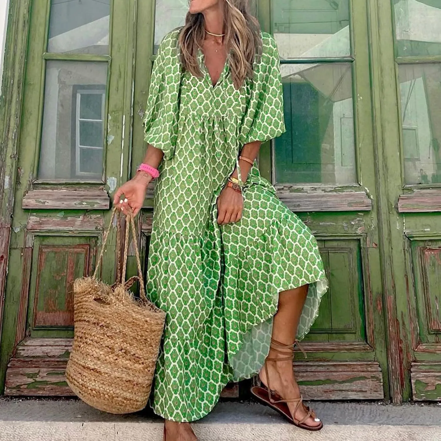 Maxi Boho Dresses for Women 2025 Casual Loose Fitting Puff Sleeve Long Flowy Dress Comfy V Neck Tiered Bohemian Dress