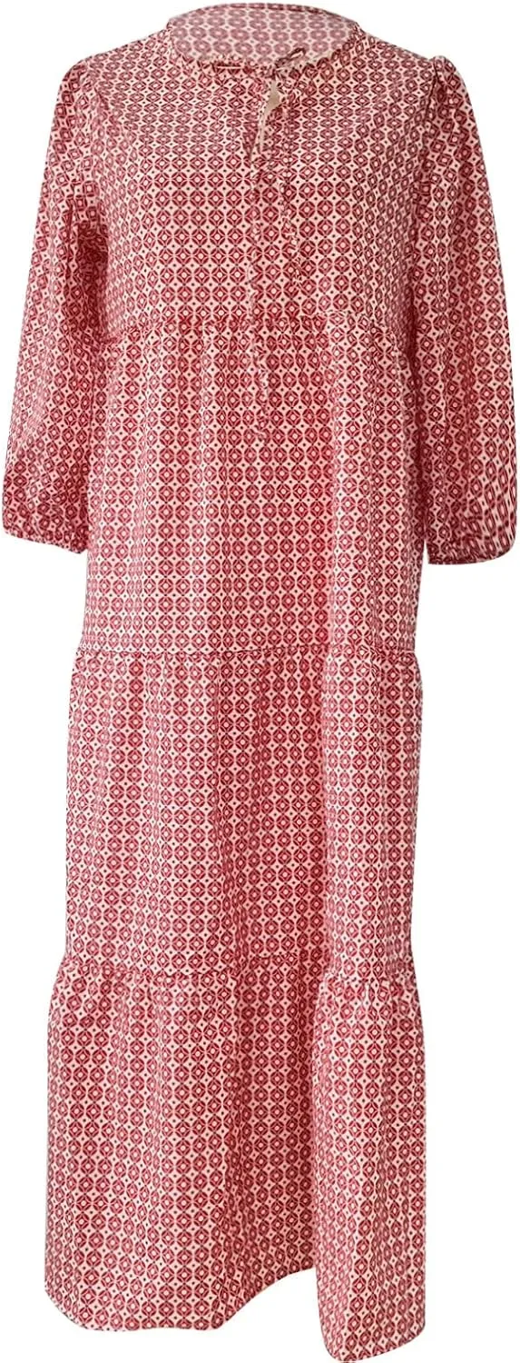 Maxi Boho Dresses for Women 2025 Casual Loose Fitting Puff Sleeve Long Flowy Dress Comfy V Neck Tiered Bohemian Dress