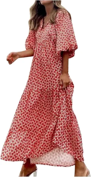 Maxi Boho Dresses for Women 2025 Casual Loose Fitting Puff Sleeve Long Flowy Dress Comfy V Neck Tiered Bohemian Dress