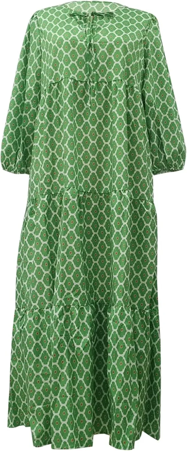 Maxi Boho Dresses for Women 2025 Casual Loose Fitting Puff Sleeve Long Flowy Dress Comfy V Neck Tiered Bohemian Dress