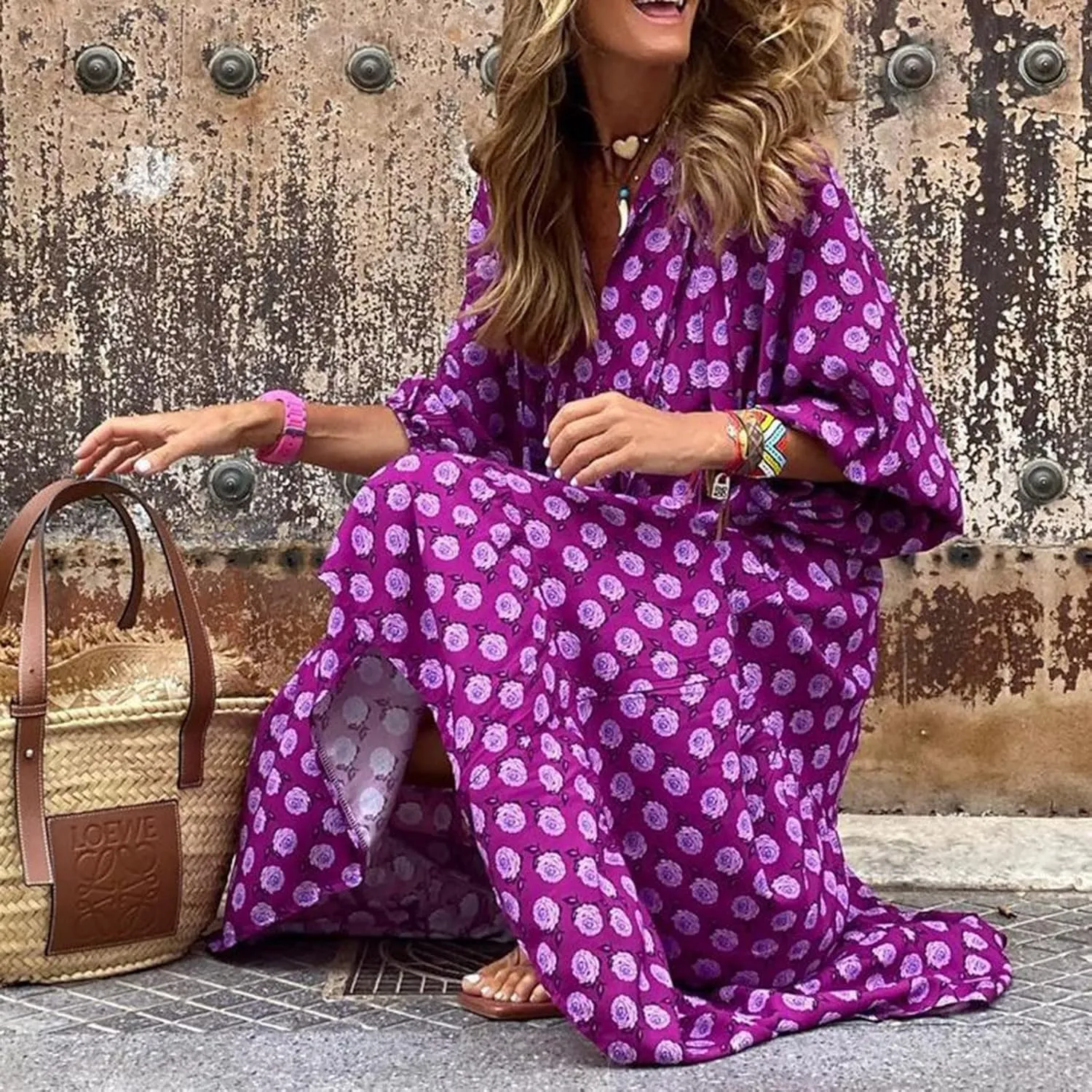 Maxi Boho Dresses for Women 2025 Casual Loose Fitting Puff Sleeve Long Flowy Dress Comfy V Neck Tiered Bohemian Dress