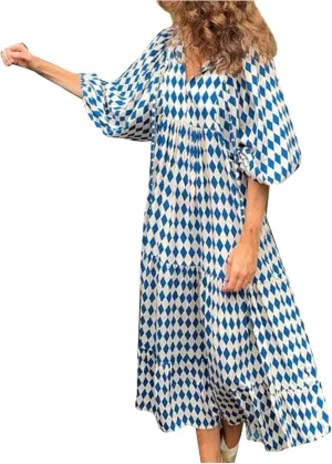 Maxi Boho Dresses for Women 2025 Casual Loose Fitting Puff Sleeve Long Flowy Dress Comfy V Neck Tiered Bohemian Dress