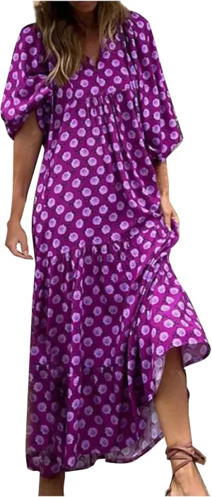 Maxi Boho Dresses for Women 2025 Casual Loose Fitting Puff Sleeve Long Flowy Dress Comfy V Neck Tiered Bohemian Dress
