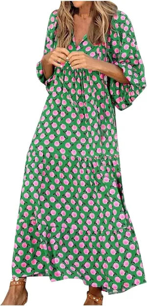 Maxi Boho Dresses for Women 2025 Casual Loose Fitting Puff Sleeve Long Flowy Dress Comfy V Neck Tiered Bohemian Dress