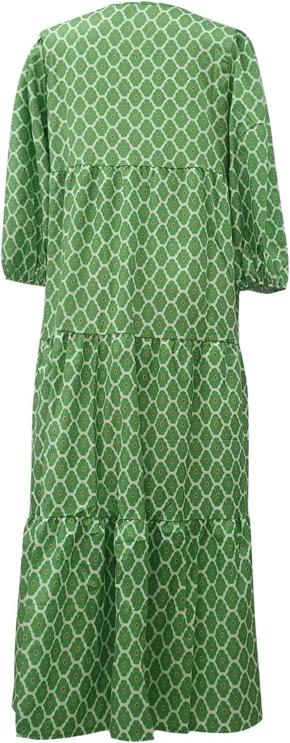 Maxi Boho Dresses for Women 2025 Casual Loose Fitting Puff Sleeve Long Flowy Dress Comfy V Neck Tiered Bohemian Dress