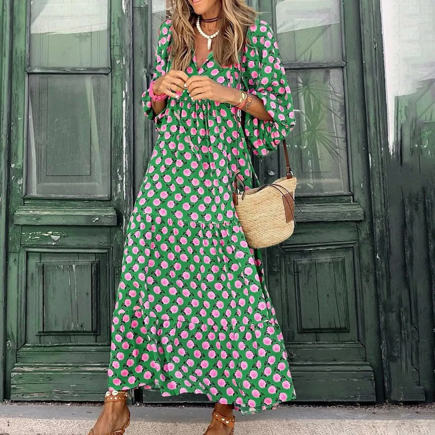 Maxi Boho Dresses for Women 2025 Casual Loose Fitting Puff Sleeve Long Flowy Dress Comfy V Neck Tiered Bohemian Dress