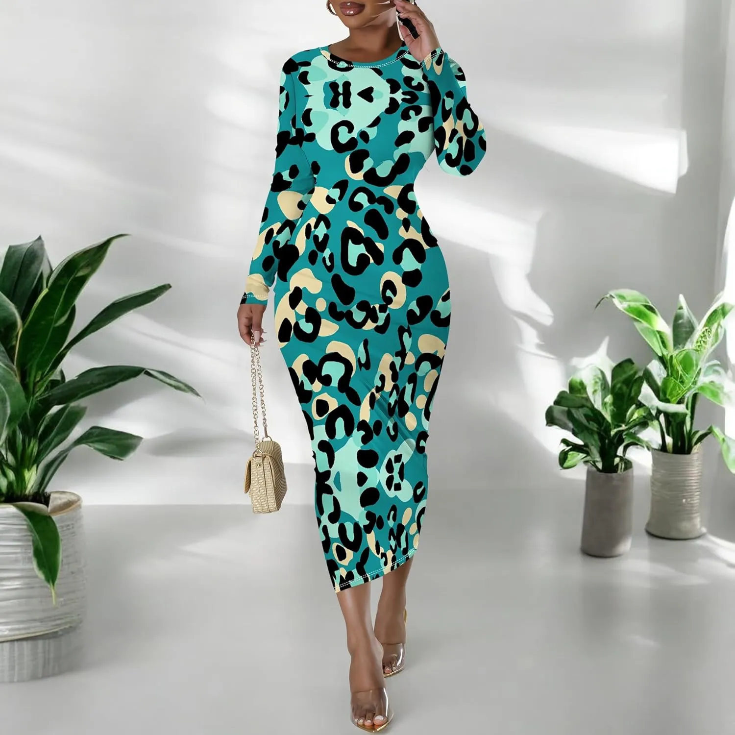 Maxi Dress for Women Casual Fashion Round Neck Bodycon Sexy Slim Fit Elegant Evening Wedding Guest Long Formal Dresses