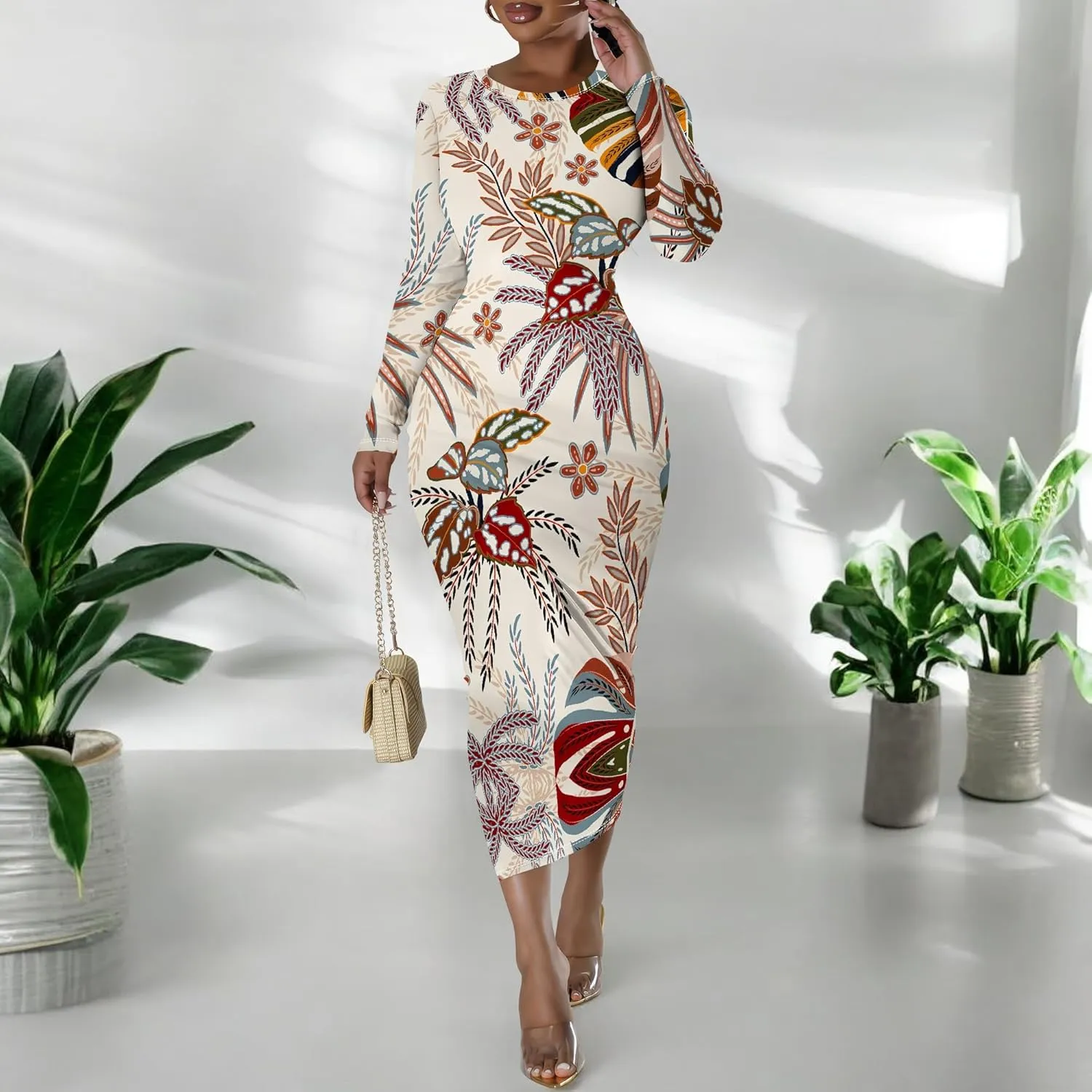 Maxi Dress for Women Casual Fashion Round Neck Bodycon Sexy Slim Fit Elegant Evening Wedding Guest Long Formal Dresses