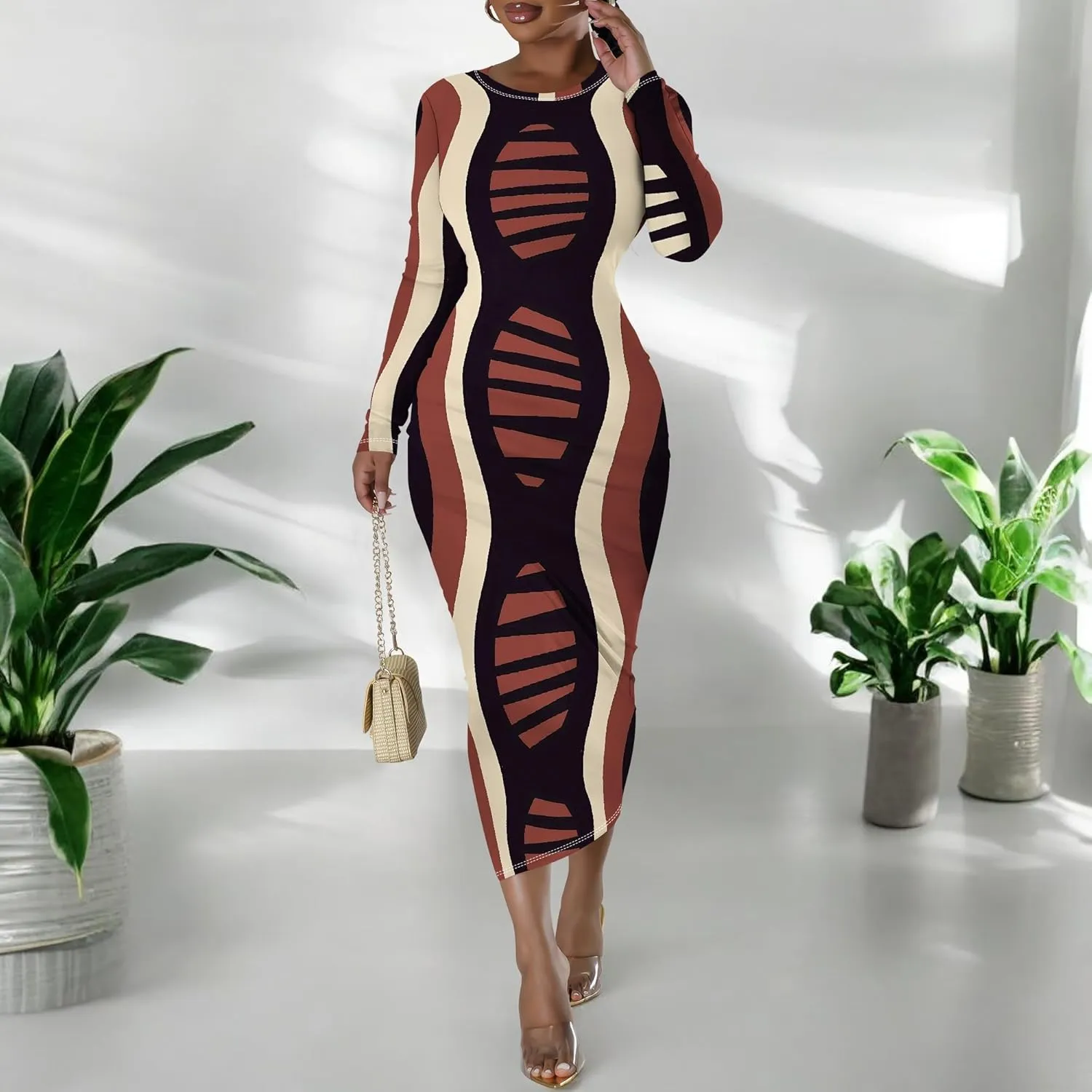 Maxi Dress for Women Casual Fashion Round Neck Bodycon Sexy Slim Fit Elegant Evening Wedding Guest Long Formal Dresses