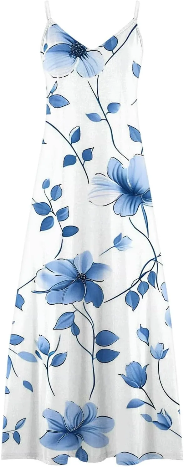 Maxi Dresses for Women 2024 Casual Summer, Sleeveless Casual V Neck Ruffle Dresses, Lightweight Floral Boho Dress