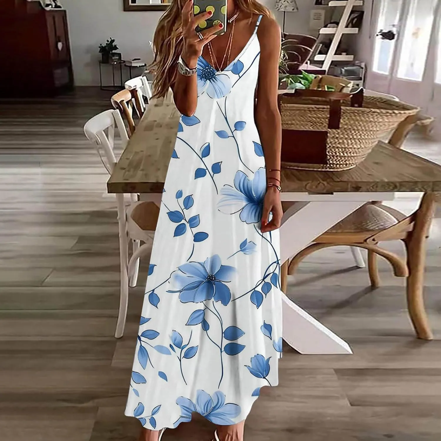Maxi Dresses for Women 2024 Casual Summer, Sleeveless Casual V Neck Ruffle Dresses, Lightweight Floral Boho Dress