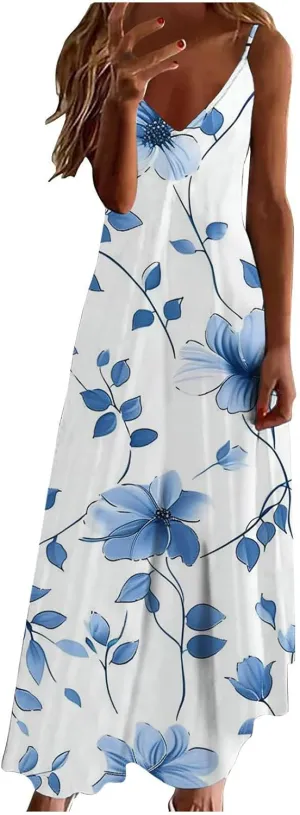 Maxi Dresses for Women 2024 Casual Summer, Sleeveless Casual V Neck Ruffle Dresses, Lightweight Floral Boho Dress