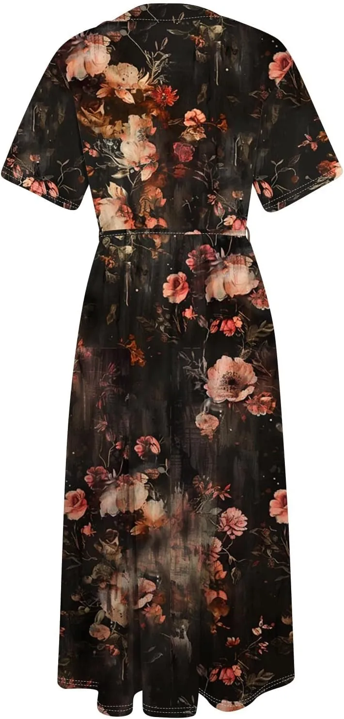 Maxi Dresses for Women 2025 Flowy Spring Summer Button Front Tie Swing Maxi Dress