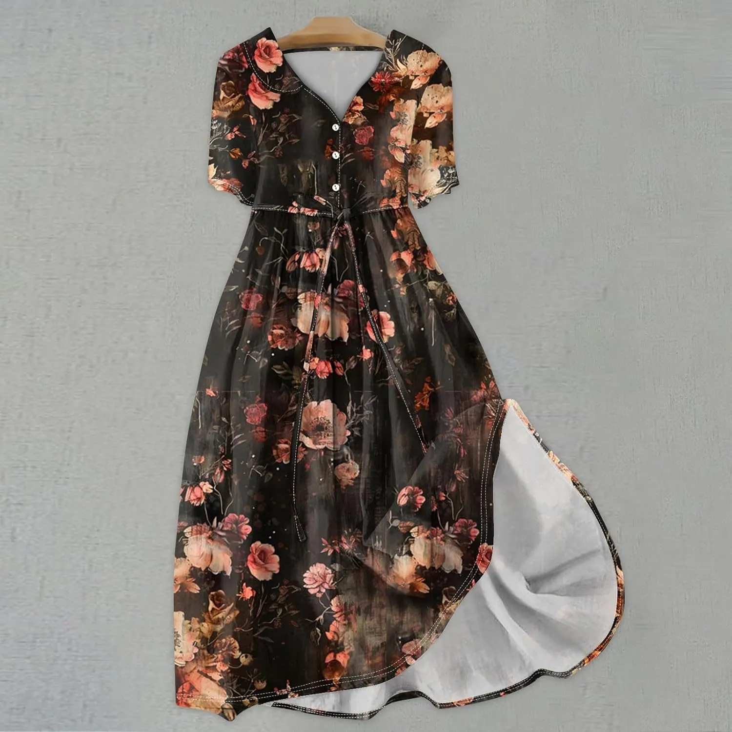 Maxi Dresses for Women 2025 Flowy Spring Summer Button Front Tie Swing Maxi Dress