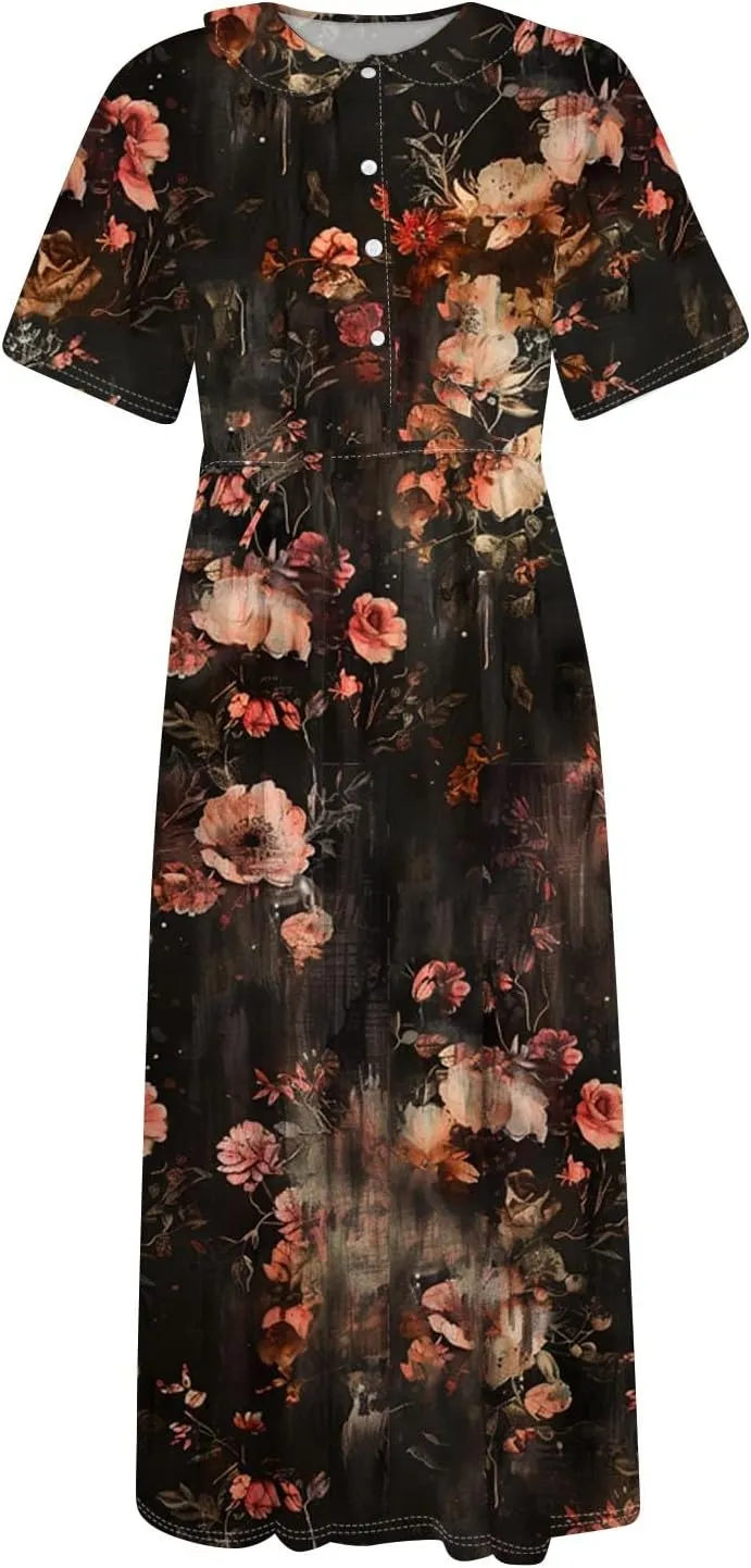 Maxi Dresses for Women 2025 Flowy Spring Summer Button Front Tie Swing Maxi Dress