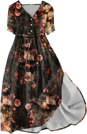 Maxi Dresses for Women 2025 Flowy Spring Summer Button Front Tie Swing Maxi Dress