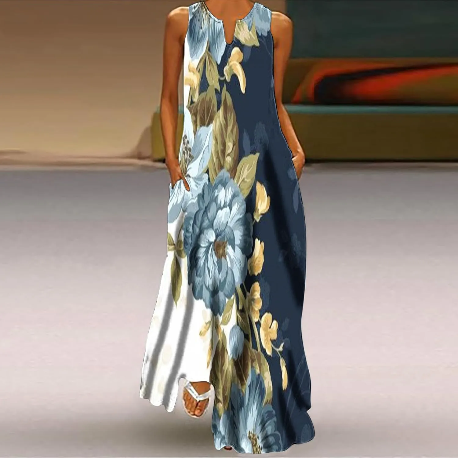 Maxi Sundress for Women Trendy 2025 Summer Dress Floral Print V Neck Dresses Sleeveless Boho Dress Beach Outfits