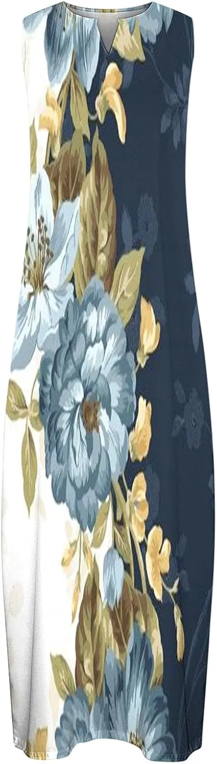 Maxi Sundress for Women Trendy 2025 Summer Dress Floral Print V Neck Dresses Sleeveless Boho Dress Beach Outfits