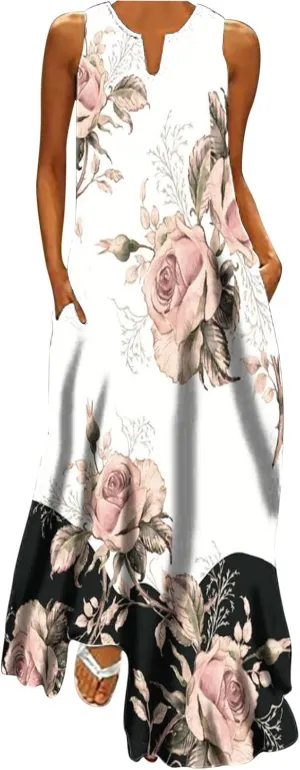 Maxi Sundress for Women Trendy 2025 Summer Dress Floral Print V Neck Dresses Sleeveless Boho Dress Beach Outfits