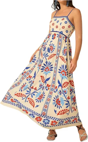 Melliflo Boho Summer Maxi Dress for Women 2025 Spaghetti Strap Floral Swing Beach Cami Sundress Holiday Party Long Dress