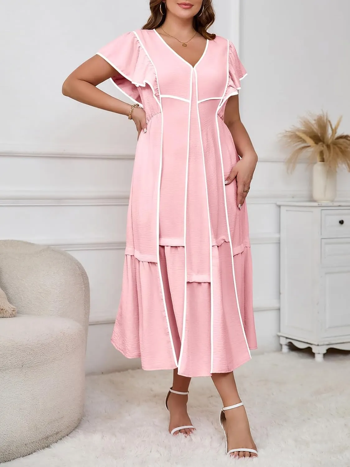 Melliflo Women's Summer Boho Maxi Dresses Casual Ruffle Sleeve Contrast Striped Long Flowy Beach Dress Loose V Neck Sundress