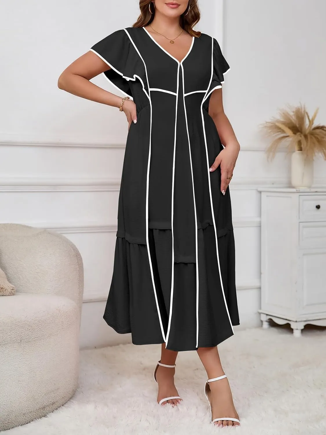 Melliflo Women's Summer Boho Maxi Dresses Casual Ruffle Sleeve Contrast Striped Long Flowy Beach Dress Loose V Neck Sundress