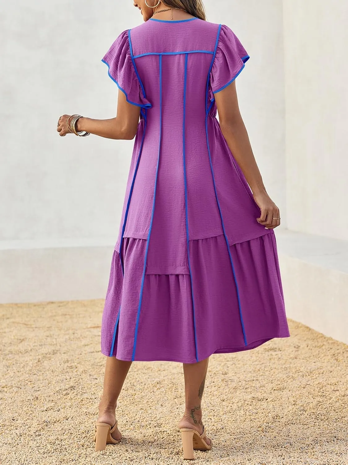 Melliflo Women's Summer Boho Maxi Dresses Casual Ruffle Sleeve Contrast Striped Long Flowy Beach Dress Loose V Neck Sundress