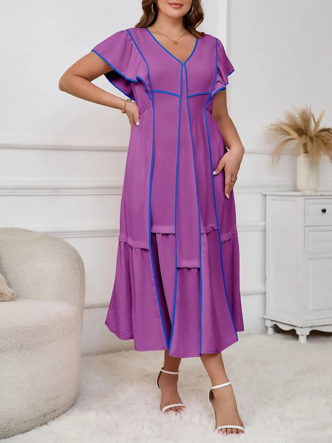 Melliflo Women's Summer Boho Maxi Dresses Casual Ruffle Sleeve Contrast Striped Long Flowy Beach Dress Loose V Neck Sundress