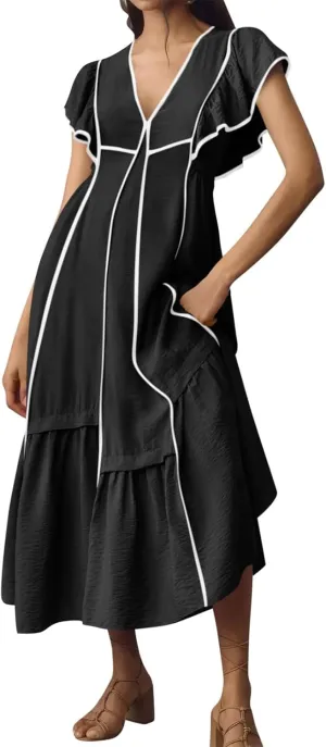 Melliflo Women's Summer Boho Maxi Dresses Casual Ruffle Sleeve Contrast Striped Long Flowy Beach Dress Loose V Neck Sundress