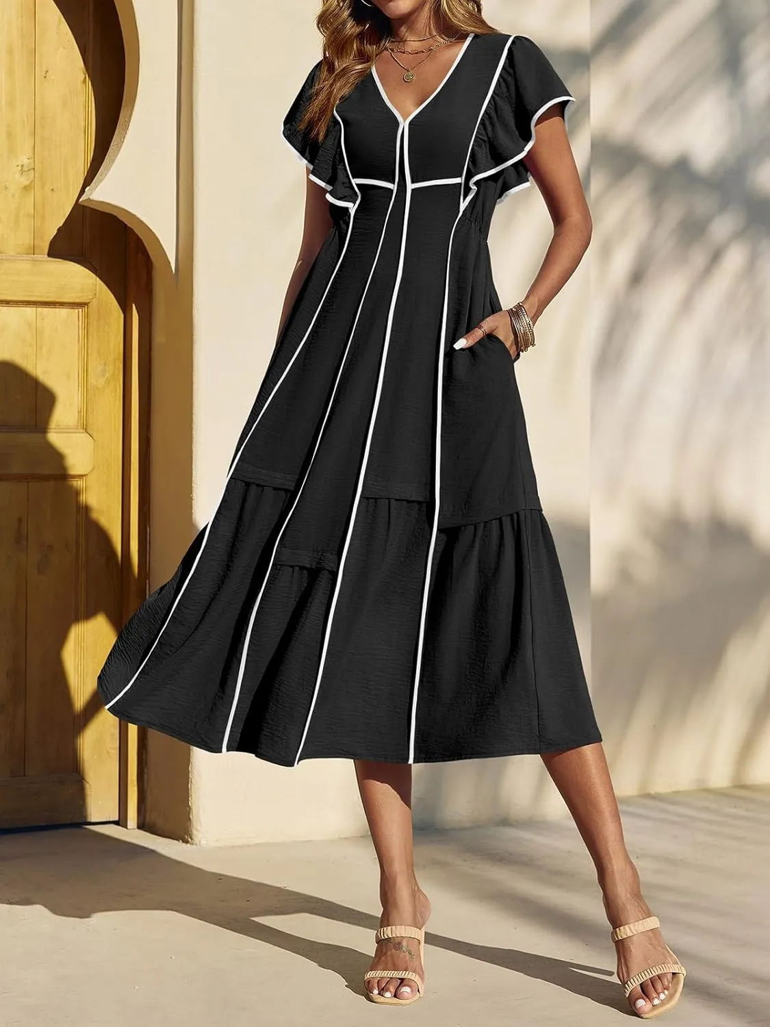 Melliflo Women's Summer Boho Maxi Dresses Casual Ruffle Sleeve Contrast Striped Long Flowy Beach Dress Loose V Neck Sundress