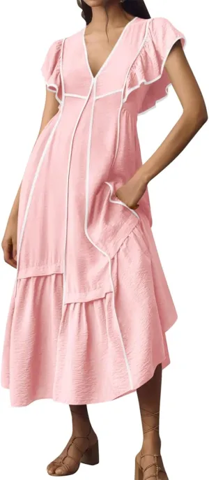 Melliflo Women's Summer Boho Maxi Dresses Casual Ruffle Sleeve Contrast Striped Long Flowy Beach Dress Loose V Neck Sundress