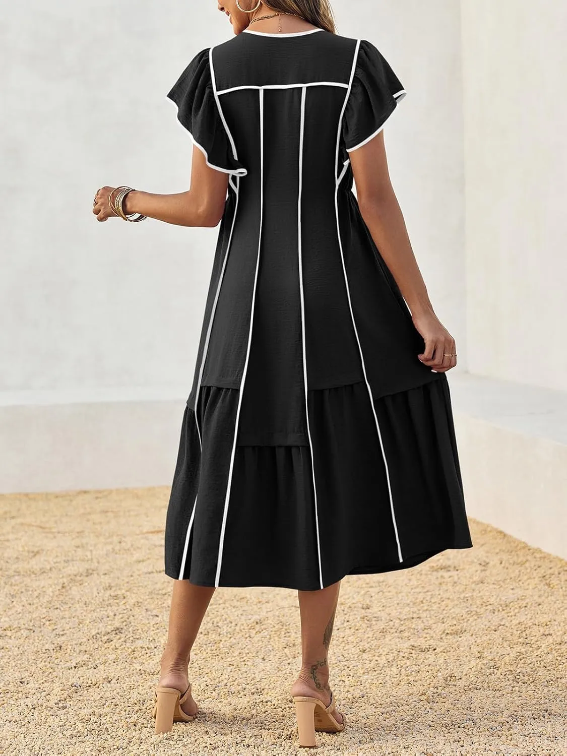 Melliflo Women's Summer Boho Maxi Dresses Casual Ruffle Sleeve Contrast Striped Long Flowy Beach Dress Loose V Neck Sundress
