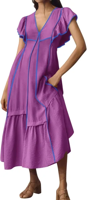 Melliflo Women's Summer Boho Maxi Dresses Casual Ruffle Sleeve Contrast Striped Long Flowy Beach Dress Loose V Neck Sundress