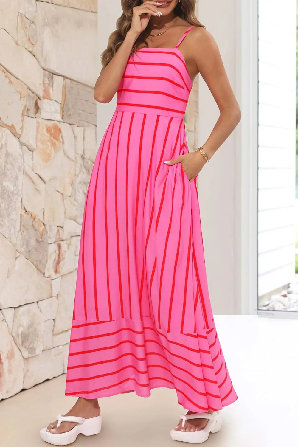 MEROKEETY Women's 2024 Summer Floral Boho Maxi Dresses Casual Sleeveless Spaghetti Strap Smocked Long Beach Dress