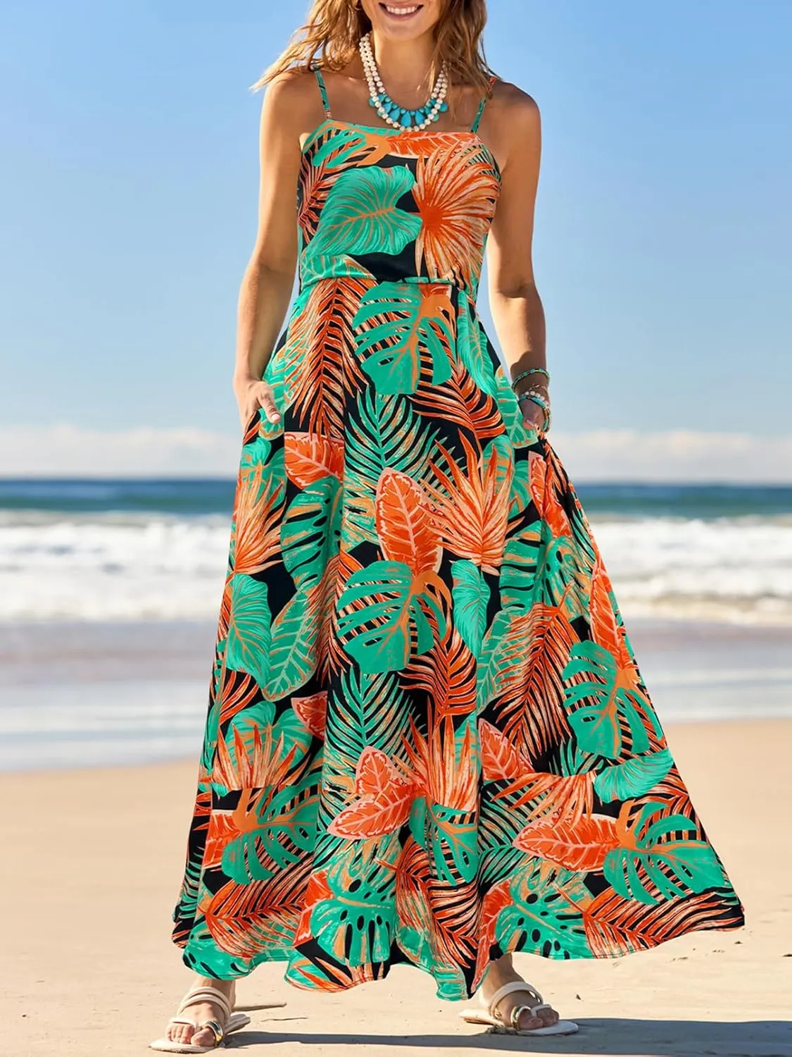 MEROKEETY Women's 2024 Summer Floral Boho Maxi Dresses Casual Sleeveless Spaghetti Strap Smocked Long Beach Dress