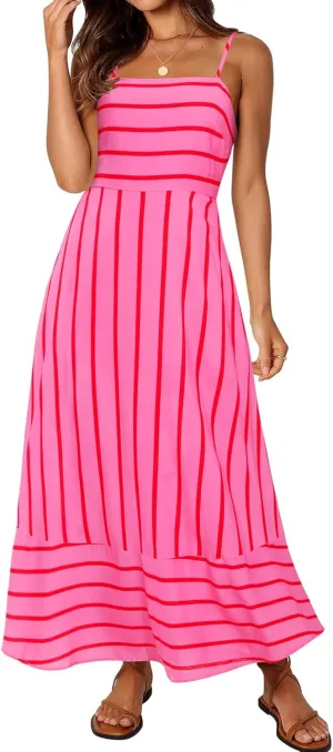 MEROKEETY Women's 2024 Summer Floral Boho Maxi Dresses Casual Sleeveless Spaghetti Strap Smocked Long Beach Dress