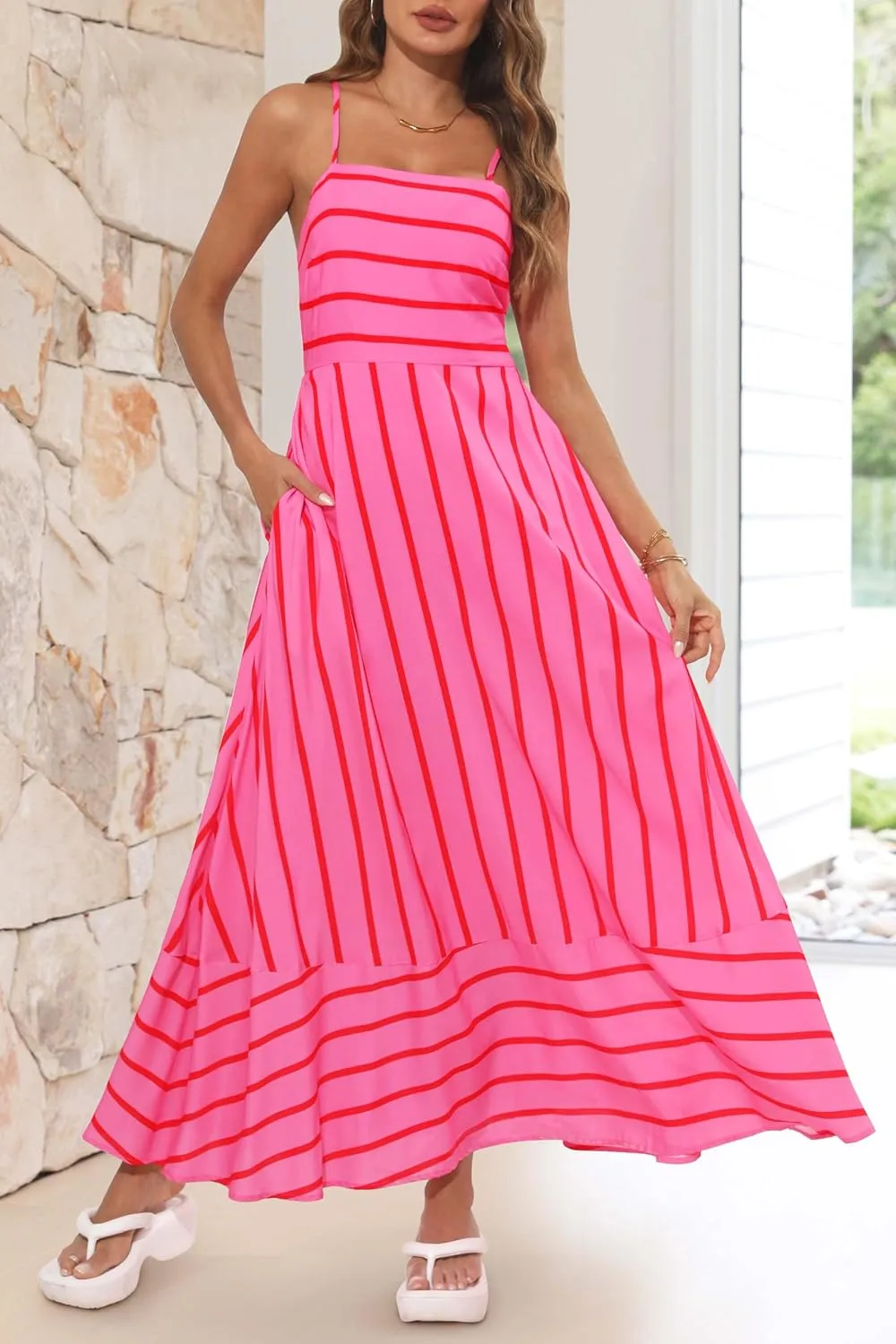 MEROKEETY Women's 2024 Summer Floral Boho Maxi Dresses Casual Sleeveless Spaghetti Strap Smocked Long Beach Dress