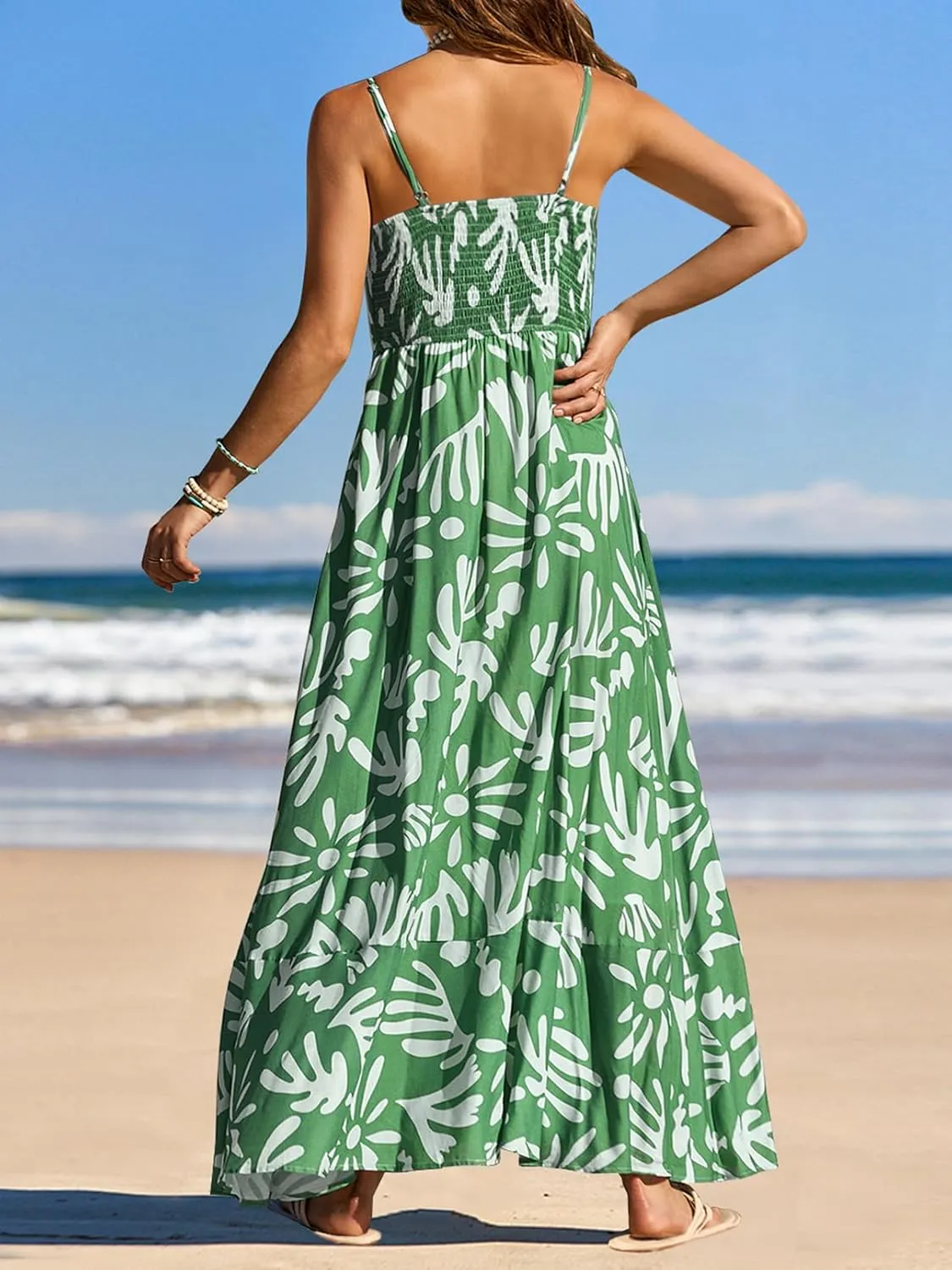 MEROKEETY Women's 2024 Summer Floral Boho Maxi Dresses Casual Sleeveless Spaghetti Strap Smocked Long Beach Dress