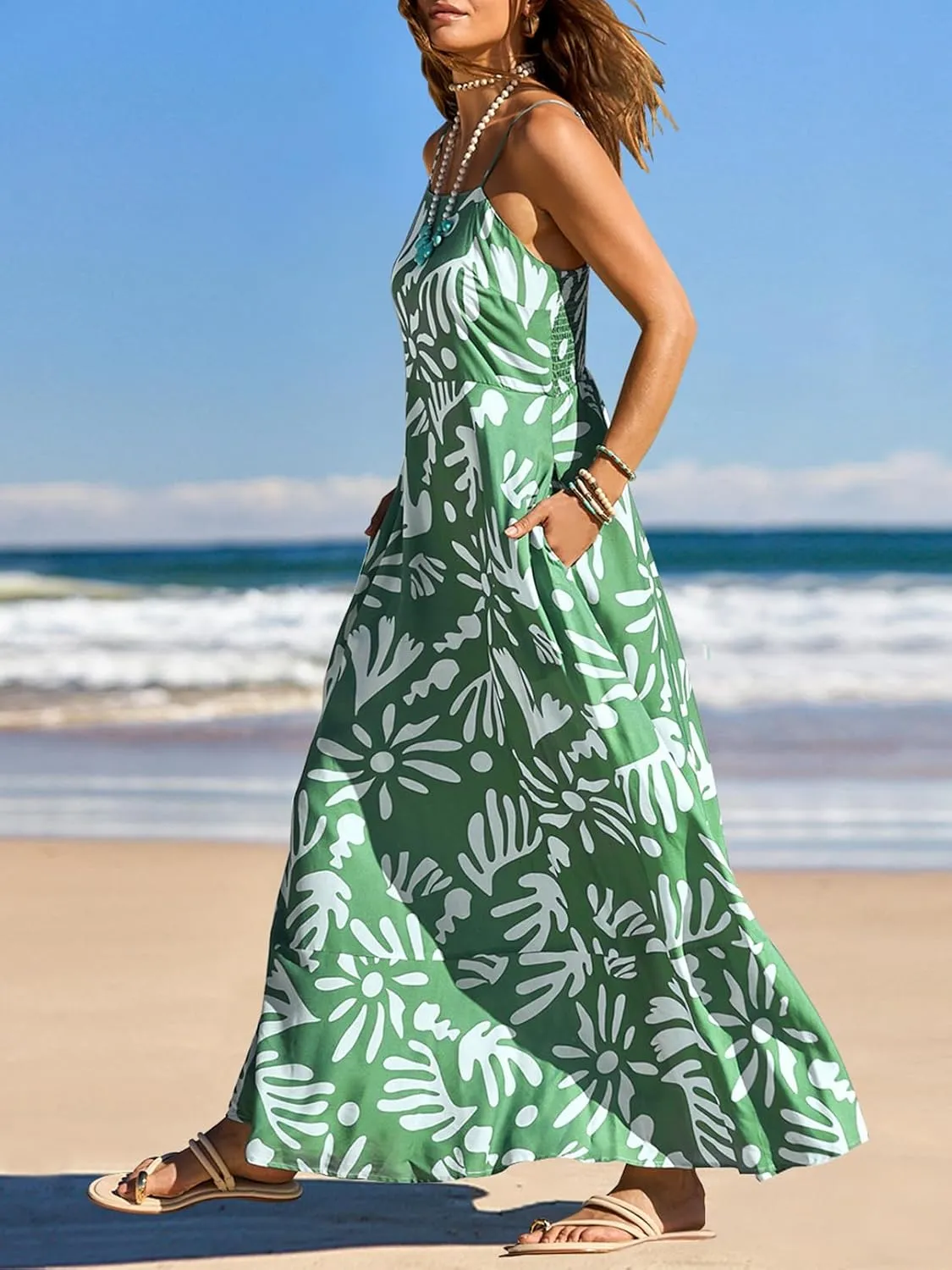 MEROKEETY Women's 2024 Summer Floral Boho Maxi Dresses Casual Sleeveless Spaghetti Strap Smocked Long Beach Dress