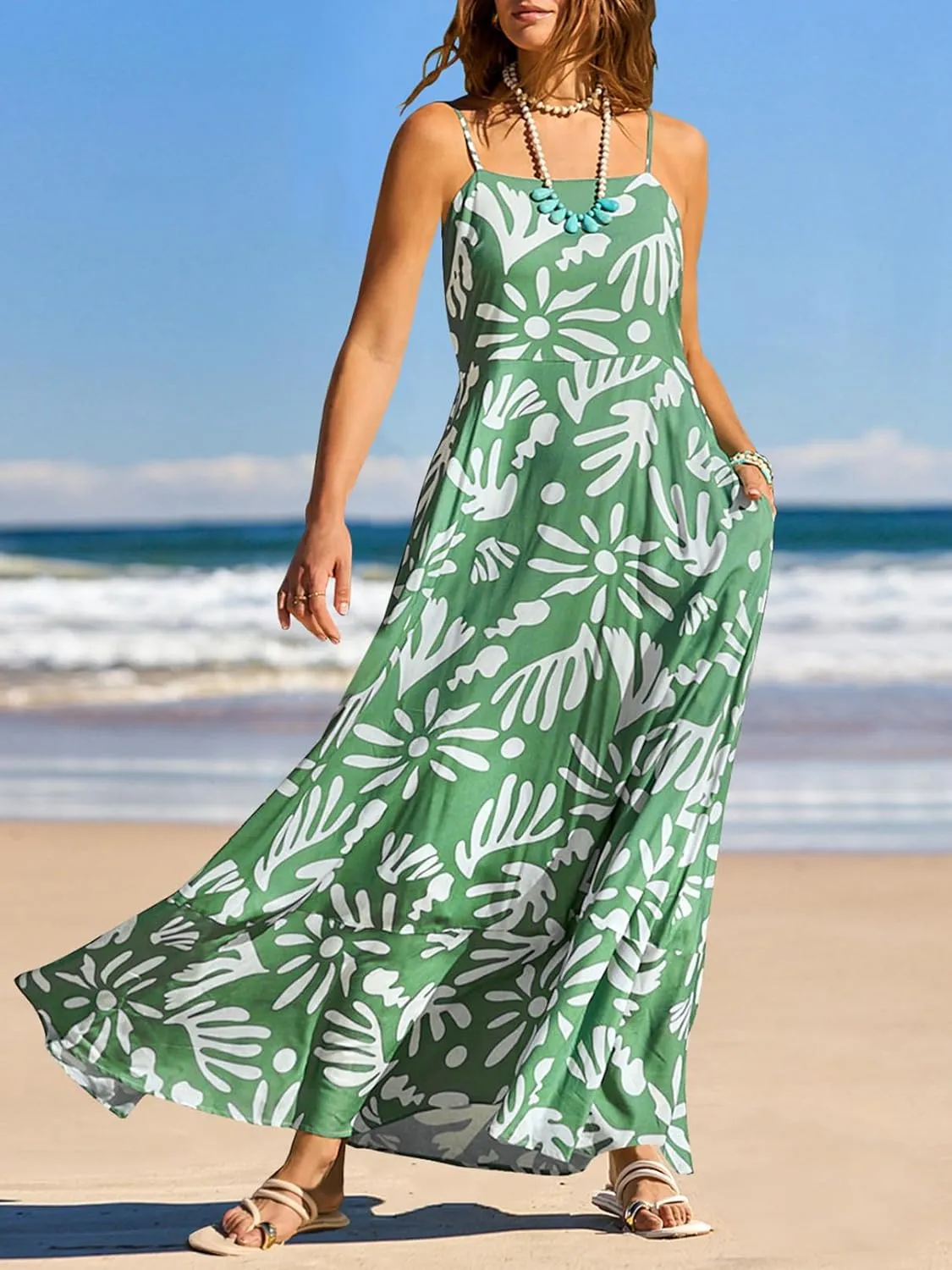 MEROKEETY Women's 2024 Summer Floral Boho Maxi Dresses Casual Sleeveless Spaghetti Strap Smocked Long Beach Dress