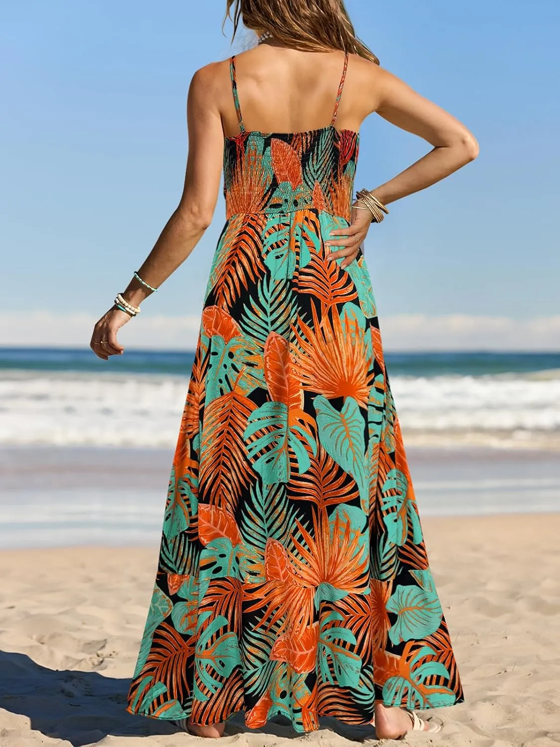 MEROKEETY Women's 2024 Summer Floral Boho Maxi Dresses Casual Sleeveless Spaghetti Strap Smocked Long Beach Dress