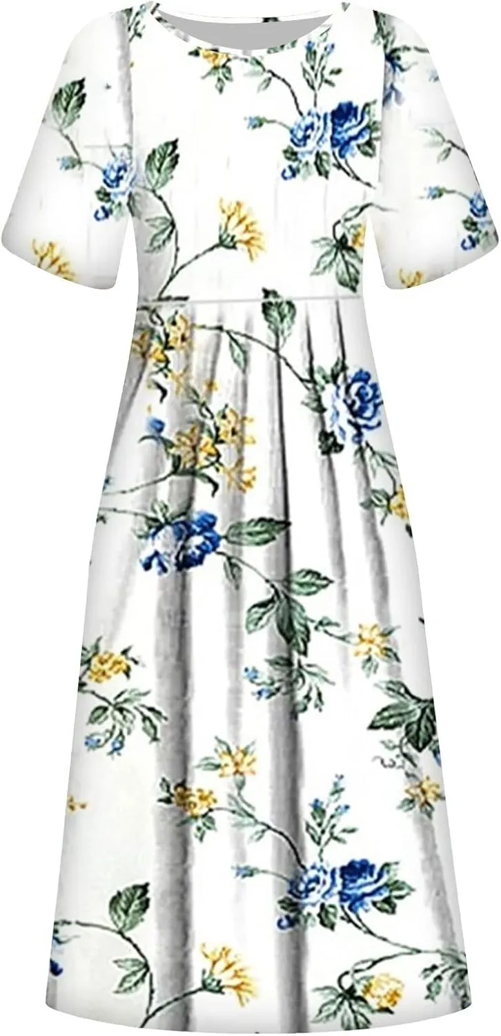 Midi Dress for Women 2025 Summer Casual Short Sleeve Floral A-Line T-Shirt Dress Midi Flowy with Pockets