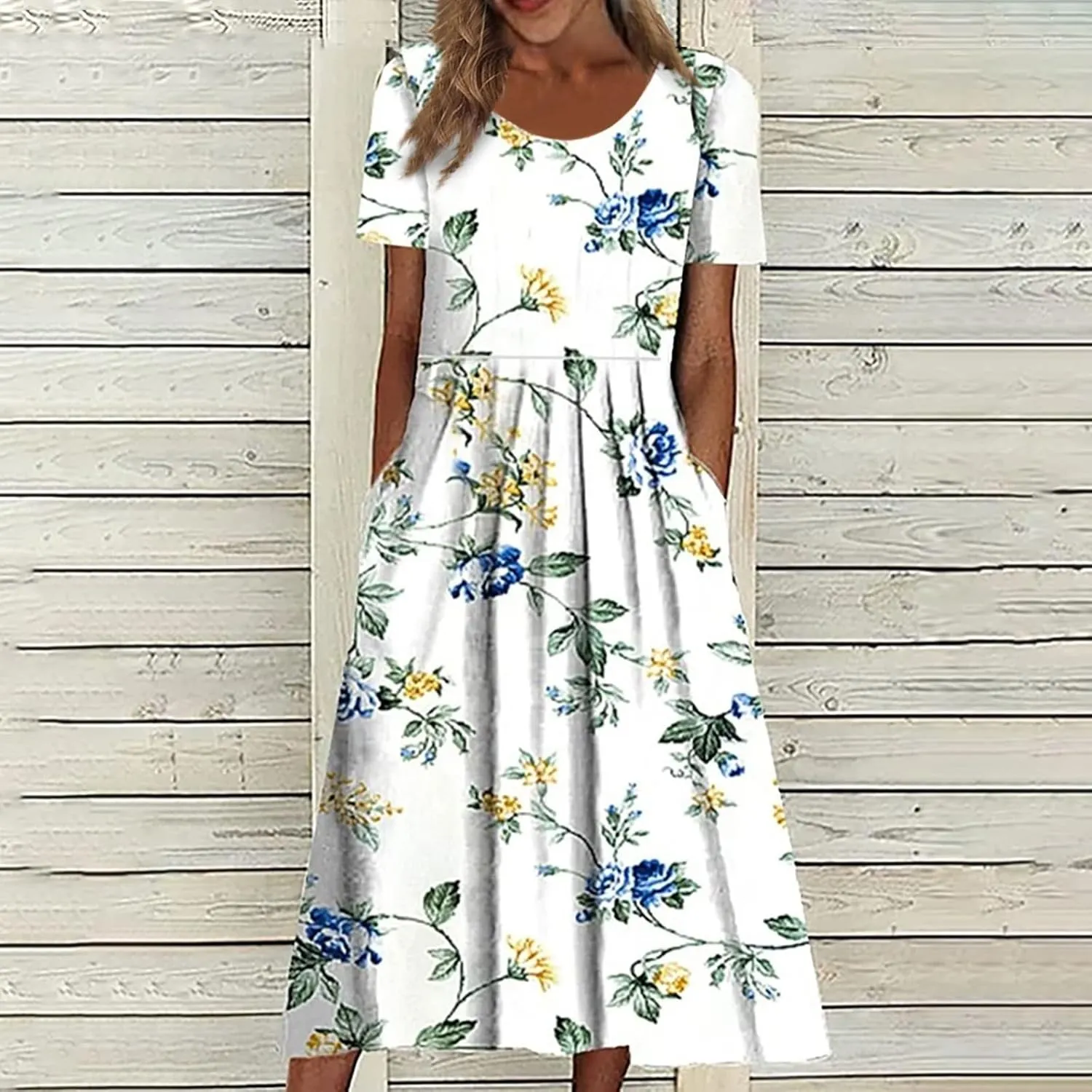 Midi Dress for Women 2025 Summer Casual Short Sleeve Floral A-Line T-Shirt Dress Midi Flowy with Pockets