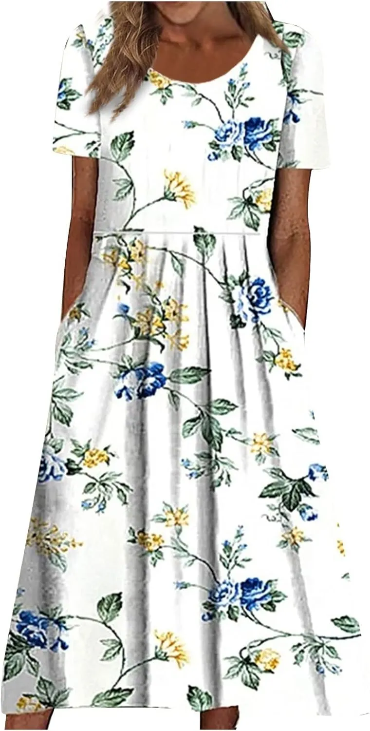 Midi Dress for Women 2025 Summer Casual Short Sleeve Floral A-Line T-Shirt Dress Midi Flowy with Pockets