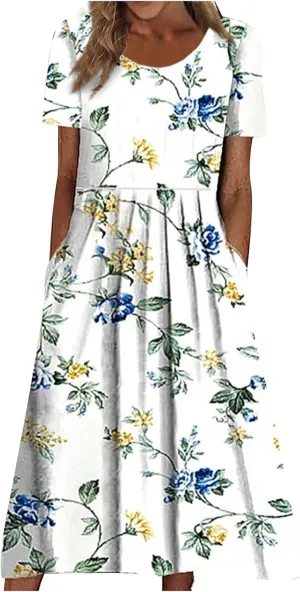 Midi Dress for Women 2025 Summer Casual Short Sleeve Floral A-Line T-Shirt Dress Midi Flowy with Pockets
