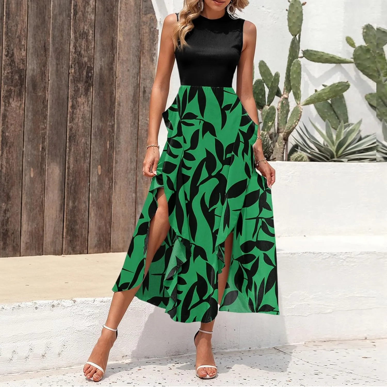 Midi Summer Dresses for Women 2025 Sleeveless Floral Split Patchwork Dress Casual Crewneck Wedding Guest Dresses