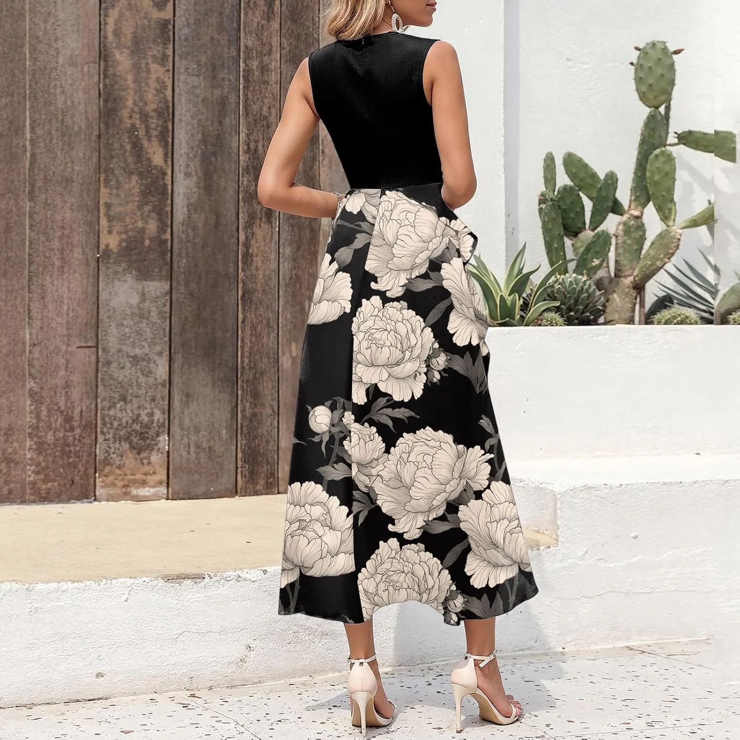 Midi Summer Dresses for Women 2025 Sleeveless Floral Split Patchwork Dress Casual Crewneck Wedding Guest Dresses