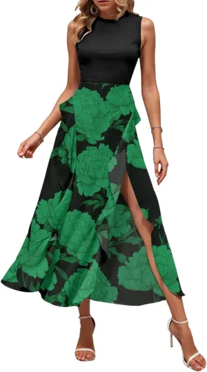 Midi Summer Dresses for Women 2025 Sleeveless Floral Split Patchwork Dress Casual Crewneck Wedding Guest Dresses