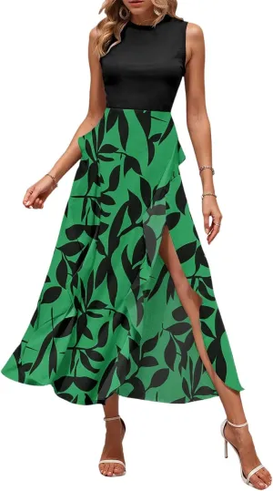 Midi Summer Dresses for Women 2025 Sleeveless Floral Split Patchwork Dress Casual Crewneck Wedding Guest Dresses