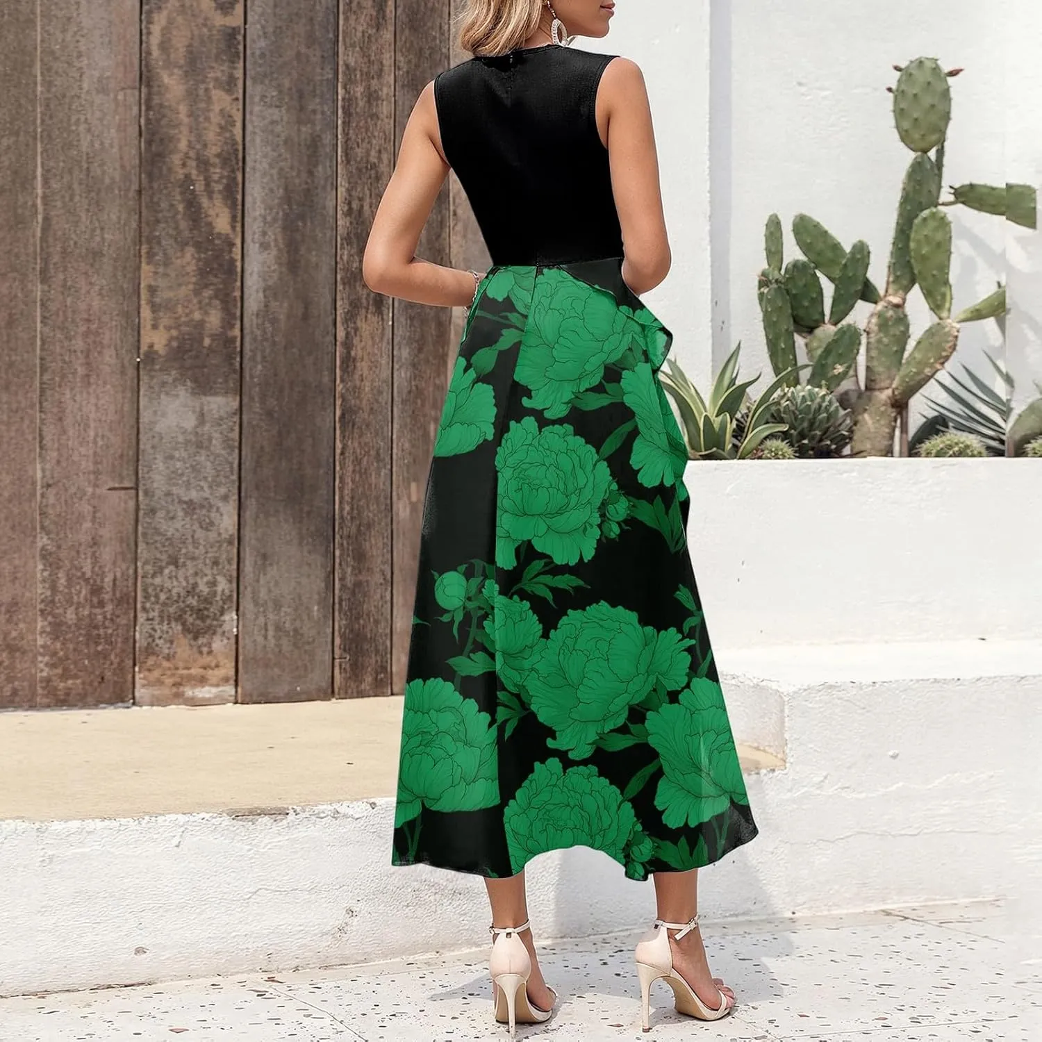 Midi Summer Dresses for Women 2025 Sleeveless Floral Split Patchwork Dress Casual Crewneck Wedding Guest Dresses